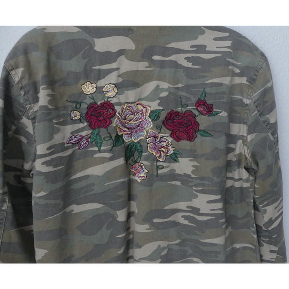 Womens Floral Embroidered Camo Jacket MEDIUM Cropped Cotton Military - Picture 4 of 9